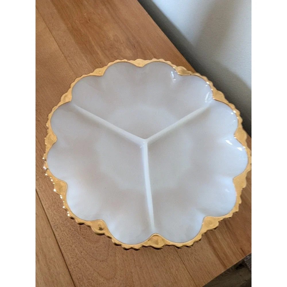 Vintage Fire King Milk Glass Divided Dish Plate‎ Gold Trim Anchor Hocking 10 in